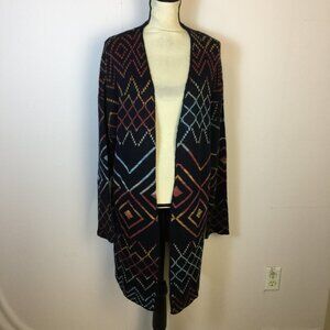 Margeaux & Ellie Long Cardigan Sweater 2X Womans Plus Black Red Geo Open Front